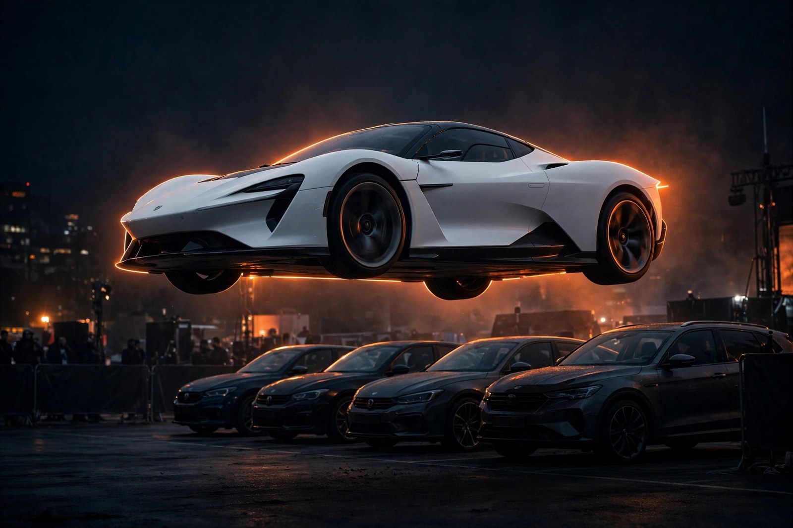 White supercar jumping over parked cars at night