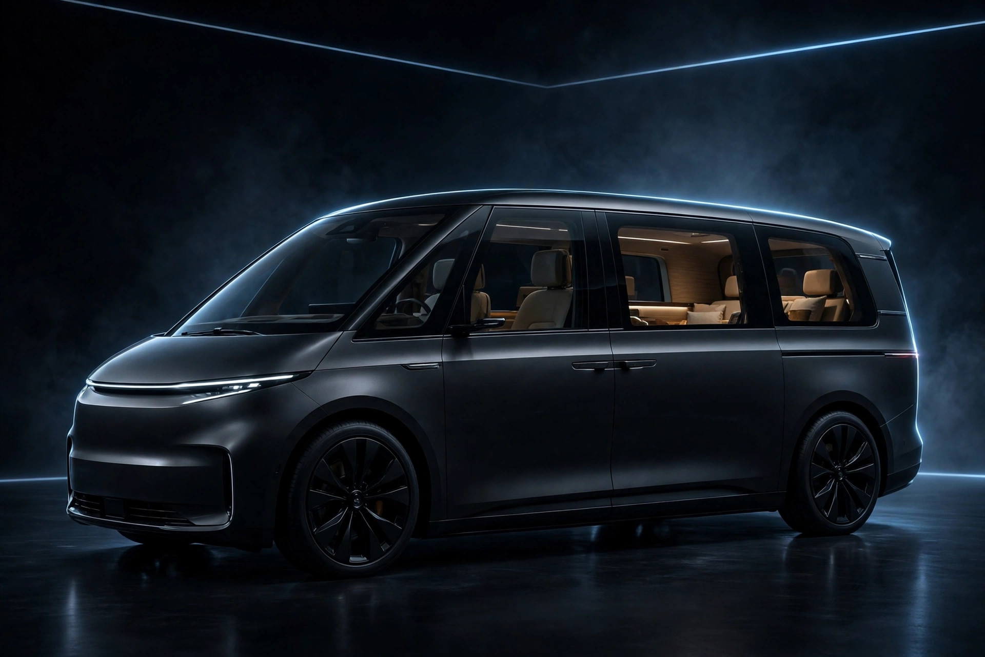 Dark luxury electric people-mover in a studio